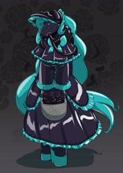 Size: 2088x2928 | Tagged: safe, artist:helixjack, derpibooru import, oc, oc only, oc:teef, anthro, earth pony, basket, clothes, dress, earth pony oc, flower, gas mask, high heels, latex, latex dress, mask, post-transformation, rose, rubber drone, shoes