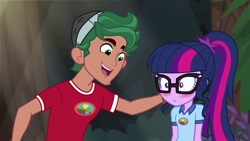 Size: 1280x720 | Tagged: safe, screencap, sci-twi, timber spruce, twilight sparkle, equestria girls, legend of everfree, blushing, blushing profusely, camp everfree outfits, female, glasses, male, shipping, straight, timbertwi, tree