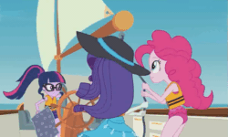 Size: 601x360 | Tagged: safe, derpibooru import, edit, edited screencap, screencap, pinkie pie, rarity, sci-twi, twilight sparkle, equestria girls, equestria girls series, the salty sails, animated, clothes, glasses, hat, lifejacket, map, ocean, rope, sailing, ship, sun hat, swimsuit, wind