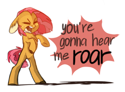 Size: 1262x934 | Tagged: safe, artist:kapusha-blr, babs seed, earth pony, pony, floppy ears, katy perry, rearing, roar (song), simple background, solo, song reference, yelling