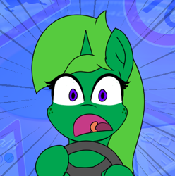 Size: 403x407 | Tagged: safe, artist:limedreaming, derpibooru import, oc, oc only, oc:lime dream, pony, unicorn, driving, female, freckles, learning, learning to drive, shocked, signs, traffic sign