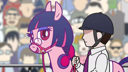 Size: 1920x1080 | Tagged: safe, derpibooru import, screencap, oc, oc:anon, human, glasses, headphones, horse racing, japan racing association, not twilight sparkle, pop team epic, pop team epic kinen, racehorse, sabukaru kuso hinba