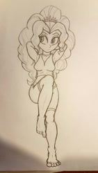 Size: 567x1008 | Tagged: safe, artist:artponymdp, adagio dazzle, equestria girls, arm behind head, armpits, barefoot, clothes, feet, monochrome, raised leg, shorts, sketch, solo, traditional art