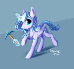 Size: 2198x2048 | Tagged: safe, artist:rikadiane, derpibooru import, oc, oc:rika diane, alicorn, pony, alicorn oc, female, glowing horn, heterochromia, high res, magic, mare, pickaxe, simple background, solo, telekinesis, transparent background