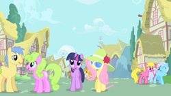 Size: 1280x720 | Tagged: safe, derpibooru import, screencap, carrot top, cheerilee, cherry berry, daisy, flower wishes, fluttershy, golden harvest, goldengrape, linky, shoeshine, sir colton vines iii, twilight sparkle, pegasus, pony, green isn't your color, background pony, disguise, hat, sunglasses