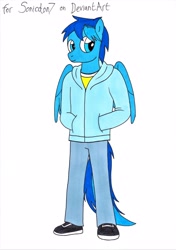 Size: 2462x3492 | Tagged: safe, artist:killerteddybear94, derpibooru import, oc, oc:karma, anthro, pegasus, clothes, hands in pockets, hoodie, jeans, looking away, pants, requested art, shoes, traditional art, wings