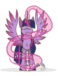 Size: 1318x1724 | Tagged: safe, artist:ashleybances, twilight sparkle, twilight sparkle (alicorn), alicorn, pony, chest fluff, colored wings, colored wingtips, eyes closed, magic, simple background, solo, spread wings, transparent background, unshorn fetlocks