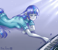 Size: 487x418 | Tagged: safe, artist:frenky-chan, derpibooru import, oc, oc only, oc:blue piano, human, eared humanization, female, horned humanization, humanized, piano, pony coloring, solo, tailed humanization