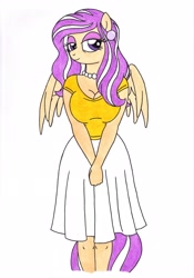 Size: 2438x3491 | Tagged: safe, artist:killerteddybear94, derpibooru import, oc, oc:vanilla pearl, anthro, pegasus, breasts, clothes, ear piercing, earring, jewelry, looking at you, mature, necklace, pearl necklace, piercing, shirt, skirt, smiling, t-shirt, traditional art, wings