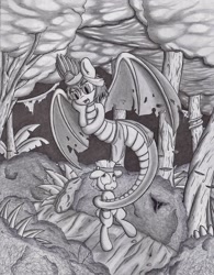 Size: 1280x1645 | Tagged: safe, artist:tricomator, derpibooru import, oc, oc only, lamia, original species, pony, bat wings, coiling, forest, monochrome, traditional art