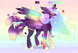 Size: 1484x1018 | Tagged: safe, artist:floofyhoof, derpibooru import, oc, oc only, oc:princess countless, alicorn, pony, alicorn oc, colored hooves, colored horn, colored wings, curved horn, digital art, ethereal mane, female, mare, multicolored hair, multicolored mane, multicolored tail, multicolored wings, rainbow background, rainbow hair, rainbow wings, signature