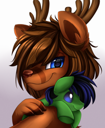 Size: 1446x1764 | Tagged: safe, artist:pridark, derpibooru import, oc, oc only, deer, pony, blue eyes, commission, deer oc, male, plushie, smiling, smirk, solo, toy