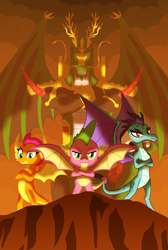 Size: 1500x2227 | Tagged: safe, artist:crisostomo-ibarra, derpibooru import, princess ember, smolder, spike, oc, oc:dai shen long, dragon, molt down, chinese dragon, claws, cliff, crossed arms, dragon oc, dragon wings, dragoness, fangs, female, horns, male, raised eyebrow, spread wings, winged spike, wings