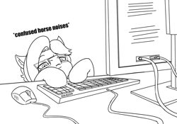 Size: 1158x812 | Tagged: safe, artist:appelknekten, derpibooru import, oc, oc only, oc:appel, earth pony, pony, black and white, computer, computer mouse, confused, descriptive noise, glasses, grayscale, horse noises, keyboard, male, monitor, monochrome, onomatopoeia, reaction image, solo, stallion