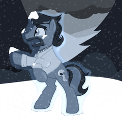 Size: 2000x2000 | Tagged: safe, artist:binkyt11, derpibooru exclusive, derpibooru import, doctor caballeron, earth pony, pony, atg 2018, frozen, i have no mouth and i must scream, male, neckerchief, newbie artist training grounds, snow, snowfall, solo, stallion, storm, story included