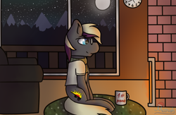 Size: 1380x900 | Tagged: safe, derpibooru import, oc, oc:wolfmane, pony, coffee, coffee mug, cozy, fireplace, moon, mug, solo