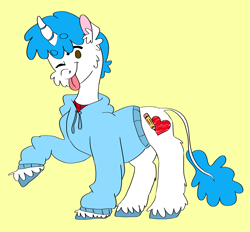 Size: 3724x3460 | Tagged: safe, artist:sodaaz, derpibooru import, oc, oc:doodle dream, pony, unicorn, male, simple background, solo, stallion, teenager, yellow background