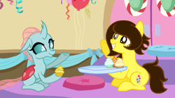 Size: 1024x579 | Tagged: safe, artist:ilovecreativity14, artist:maddieinchina, derpibooru import, ocellus, oc, oc:pashy, changedling, changeling, earth pony, pony, base used, cupcake, cute, diaocelles, duo, duo female, female, food, mare, smiling