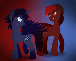 Size: 1600x1300 | Tagged: safe, artist:queenwildfire, derpibooru import, oc, oc only, oc:crimson blood, oc:raven nightblade, pegasus, pony, unicorn, angry, artificial wings, augmented, bat eyes, cowboy hat, female, hat, male, messy mane, requested art, standoff