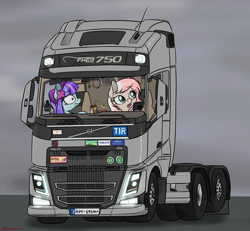 Size: 2300x2121 | Tagged: safe, artist:orang111, edit, oc, oc only, oc:camion, oc:fiji, bobblehead, leafeon, pokémon, semi truck, simple background, truck, volvo, volvo fh