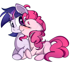 Size: 1024x955 | Tagged: safe, artist:applerougi, derpibooru import, pinkie pie, twilight sparkle, earth pony, pony, unicorn, blushing, cute, deviantart watermark, eyes closed, female, lesbian, mare, nuzzling, shipping, simple background, smiling, transparent background, twinkie, watermark