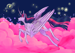 Size: 3541x2507 | Tagged: safe, artist:retrofroggy, derpibooru import, twilight sparkle, twilight sparkle (alicorn), alicorn, pony, curved horn, flying, redraw, solo