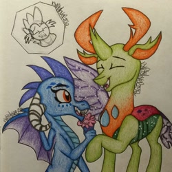 Size: 1080x1080 | Tagged: safe, artist:raritylover152, derpibooru import, princess ember, spike, thorax, changedling, changeling, dragon, cotton candy, dragoness, embrax, female, interspecies, king thorax, male, romantic, shipping, straight, traditional art