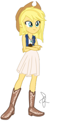 Size: 269x571 | Tagged: safe, artist:ilaria122, derpibooru import, part of a set, oc, oc:applemel, equestria girls, applejack's hat, belt, boots, clothes, cowboy boots, cowboy hat, denim jacket, dress, equestria girls-ified, female, hat, jewelry, necklace, next generation, offspring, parent:applejack, parent:caramel, parents:carajack, simple background, sleeveless dress, smiling, solo, transparent background