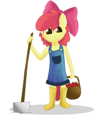 Size: 2550x3300 | Tagged: safe, artist:skyflys, derpibooru import, apple bloom, anthro, adorabloom, apple, basket, boots, clothes, cute, food, overalls, shoes, shovel, simple background, solo, transparent background