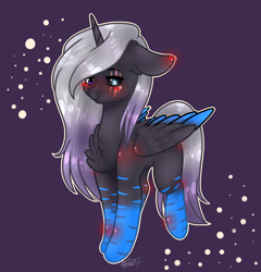 Size: 1608x1673 | Tagged: safe, artist:knaranayama, derpibooru import, oc, alicorn, pony, black sclera, blushing, female, heterochromia, mare, solo