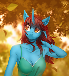 Size: 1096x1200 | Tagged: safe, artist:margony, derpibooru import, oc, oc only, anthro, unicorn, anthro oc, armpits, clothes, commission, digital art, female, mare, rule 63, signature, smiling, solo, tree