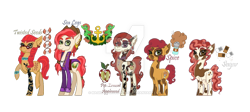 Size: 1024x457 | Tagged: safe, artist:magicandmysterygal, derpibooru import, oc, oc only, oc:pip-erment appleseed, oc:sea legs, oc:spice, oc:sugar, oc:twisted seeds, earth pony, pony, beard, blaze (coat marking), blushing, bracelet, choker, clothes, coat, description is relevant, ear piercing, earring, eyebrow piercing, facial hair, female, glasses, jacket, jewelry, magical lesbian spawn, male, mare, necklace, next generation, offspring, parent:babs seed, parent:pipsqueak, parent:twist, parents:babstwist, parents:pipseed, piercing, simple background, stallion, story included, tattoo, transparent background, twins, watermark