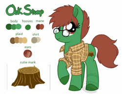 Size: 1024x790 | Tagged: safe, artist:tambelon, oc, oc only, oc:oak stump, pony, clothes, female, glasses, mare, reference sheet, shirt, simple background, solo, tomboy, watermark