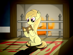 Size: 2400x1824 | Tagged: safe, artist:dinkyuniverse, noi, pony, book, cute, female, filly, fire, fireplace, heartwarming, house, night, reading, reading is magic, shading, shadows, story included, unshorn fetlocks, warm