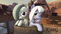 Size: 1920x1080 | Tagged: safe, artist:kmg0047, limestone pie, marble pie, earth pony, pony, 3d, female, hair over one eye, looking at you, mare, sisters, tire