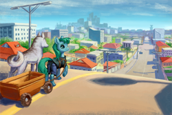 Size: 1000x666 | Tagged: safe, artist:adeptus-monitus, oc, oc only, oc:lonely day, dog, earth pony, pony, fanfic:the last pony on earth, cart, city, cityscape, clothes, female, hooves, mare, ponies after people, raised hoof, solo