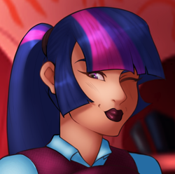 Size: 628x622 | Tagged: safe, artist:antelon, artist:madara, derpibooru import, twilight sparkle, human, clothes, female, humanized, lipstick, looking at you, one eye closed, ponytail, school uniform, smiling, solo, wink