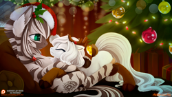 Size: 1300x731 | Tagged: safe, artist:arctic-fox, oc, oc only, oc:ashley fox, oc:patrick poe, zebra, christmas, christmas ornament, christmas tree, clothes, cuddling, cute, decoration, duo, eyes closed, hat, holly, ocbetes, patreon, patreon logo, reindeer antlers, santa hat, smiling, snuggling, socks, tree, window