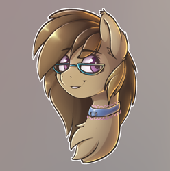 Size: 934x941 | Tagged: safe, artist:capseys, derpibooru import, oc, oc only, oc:dawnsong, earth pony, pony, brown background, bust, chest fluff, choker, female, glasses, gray background, looking at you, mare, octavia background, sideways glance, simple background, smiling, solo