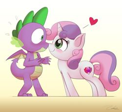 Size: 1800x1650 | Tagged: safe, artist:zelc-face, derpibooru import, spike, sweetie belle, dragon, pony, unicorn, blushing, boop, cute, cutie mark, diasweetes, female, filly, heart, looking at each other, male, nervous, shipping, smiling, spikebelle, straight, the cmc's cutie marks, winged spike