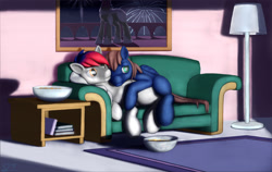 Size: 2614x1652 | Tagged: safe, artist:stillwaterspony, derpibooru import, oc, oc only, oc:bordy, oc:stormchaser, pegasus, pony, living room, male, night, shipping, snacks, snuggling, sofa, stallion, two toned mane, watching tv