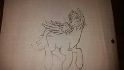 Size: 1280x720 | Tagged: safe, artist:dapperfapper, oc, oc only, oc:kitty claws, pegasus, pony, female, flying, lined paper, solo, traditional art