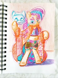 Size: 2654x3540 | Tagged: safe, artist:shoeunit, derpibooru import, oc, oc only, oc:shoelace, earth pony, pony, semi-anthro, asuka, belly button, clothes, colored pencil drawing, cosplay, costume, female, mare, mask, solo, sports, traditional art, wrestling, wwe