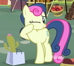 Size: 1025x923 | Tagged: safe, derpibooru import, screencap, bon bon, sweetie drops, marks for effort, apple, cactus, cropped, discovery family logo, food, pain, solo