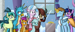 Size: 1024x435 | Tagged: safe, artist:zsparkonequus, derpibooru import, gallus, ocellus, sandbar, silverstream, smolder, twilight sparkle, twilight sparkle (alicorn), yona, oc, oc:harmony star, alicorn, changedling, changeling, classical hippogriff, dragon, griffon, hippogriff, pony, unicorn, yak, cafeteria, confused, cutie mark, eyes closed, female, food, male, mare, open mouth, singing, smiling, stallion, student six, tray, twimony, unamused, window