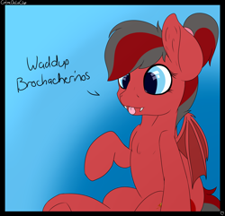 Size: 3690x3562 | Tagged: safe, artist:cremedelaclop, derpibooru import, oc, oc:cherry bomb, bat, bat pony, bat wings, fangs, sitting, solo, tongue out