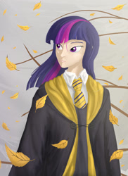 Size: 1300x1790 | Tagged: safe, artist:jaeneth, twilight sparkle, human, crossover, female, harry potter, hogwarts, hufflepuff, humanized, leaves, solo