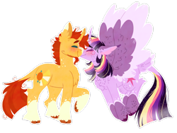 Size: 1024x768 | Tagged: safe, artist:wanderingpegasus, derpibooru import, sunburst, twilight sparkle, twilight sparkle (alicorn), alicorn, pony, alternate design, curved horn, eyes closed, female, male, raised hoof, shipping, simple background, smiling, straight, transparent background, twiburst