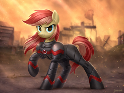 Size: 1200x900 | Tagged: safe, artist:scheadar, derpibooru import, oc, oc only, earth pony, pony, armor, badass, commission, female, fire, mare, raised hoof, smiling, solo