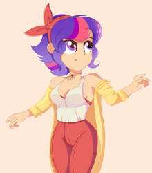 Size: 2963x3374 | Tagged: safe, artist:pastelhorses, derpibooru import, twilight sparkle, human, alternate hairstyle, armpits, breasts, clothes, female, humanized, pants, simple background, solo, tanktop